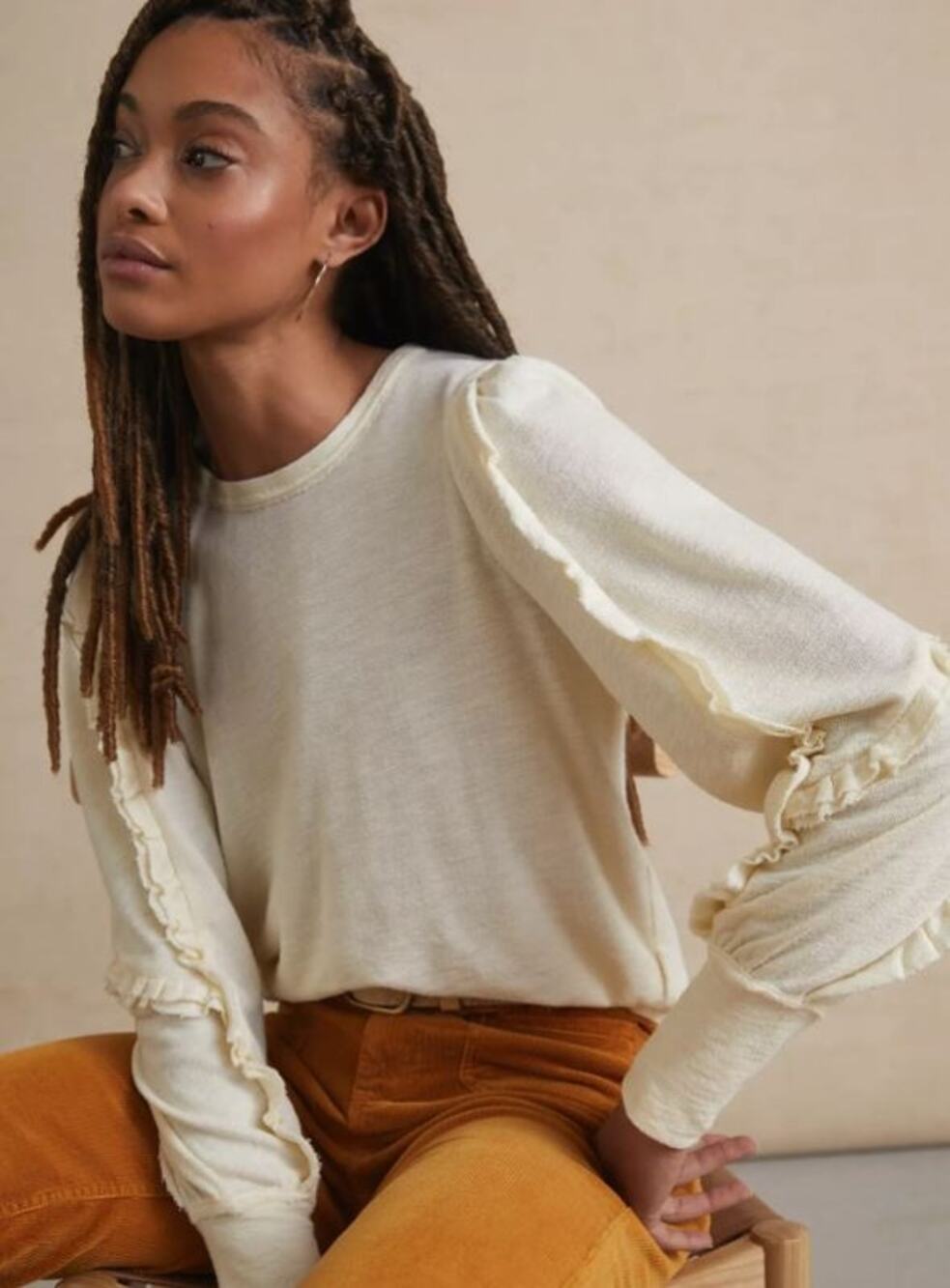 Anthropologie Pilco Elsa Ruffled Slub Knit Cotton Cream Top Sweater M